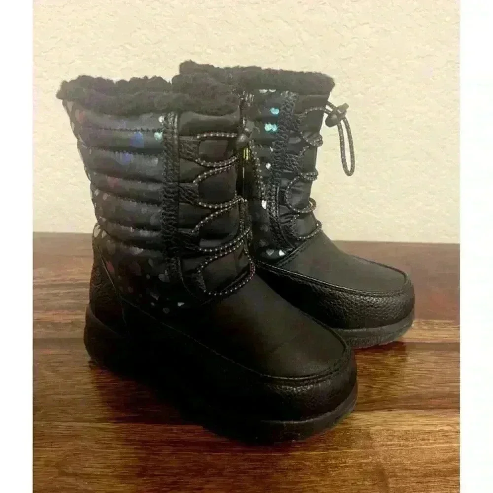 Totes Winter Snow Boots Toddler 8 Black Faux Leather Faux Fur Rainbow Hearts